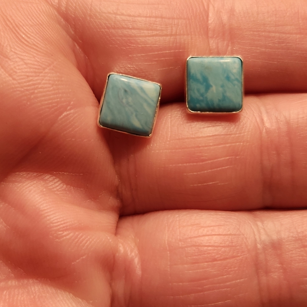 Larimar Sterling Silver Square Stud Earrings, 925
